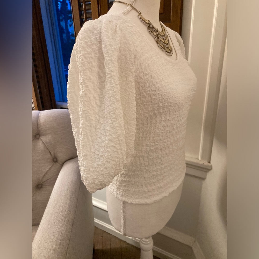 MAUVE x Anthropologie White Balloon-Sleeve Textured Top Cottagecore Resort - Picture 11 of 15